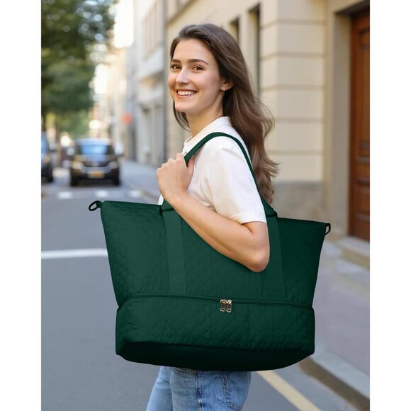 Hotor Women Dark Green Large Overnight with Shoe Compartment Travel Duffel Bag - Picture 2 of 8